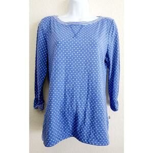 T By Talbots Blue White Polka Dot Boat Neck Top Medium Contrasting Trim Soft
